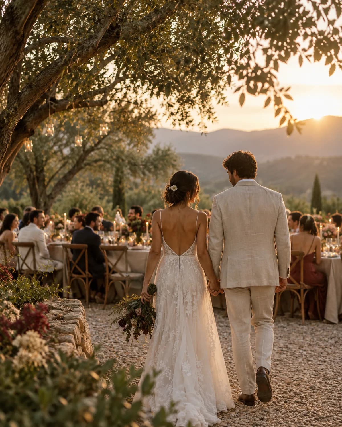 Casal caminha junto para a festa de casamento ao ar livre