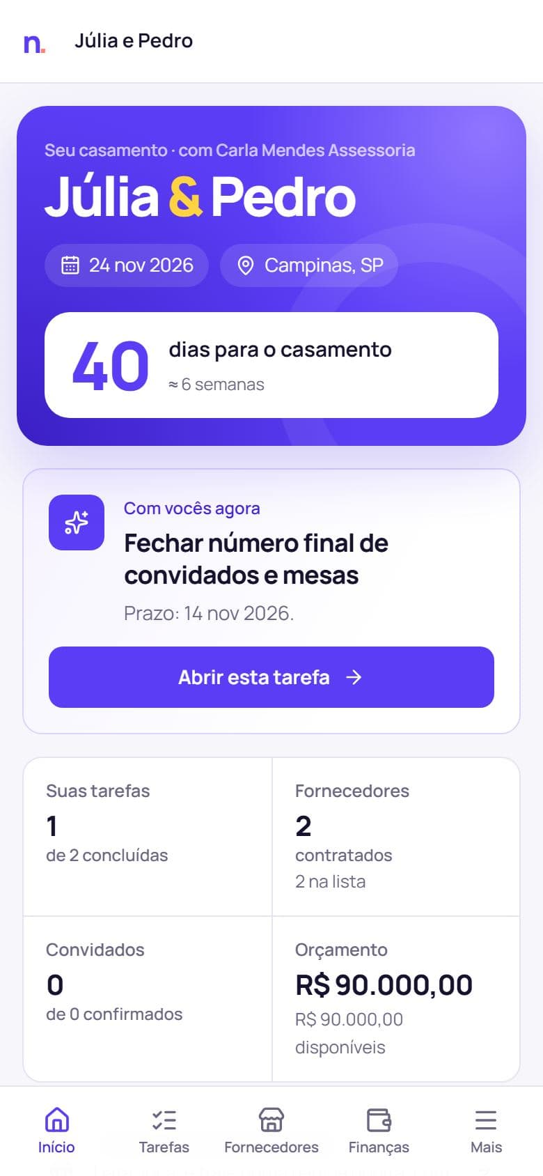 App do casal mostrando a assessoria contratada