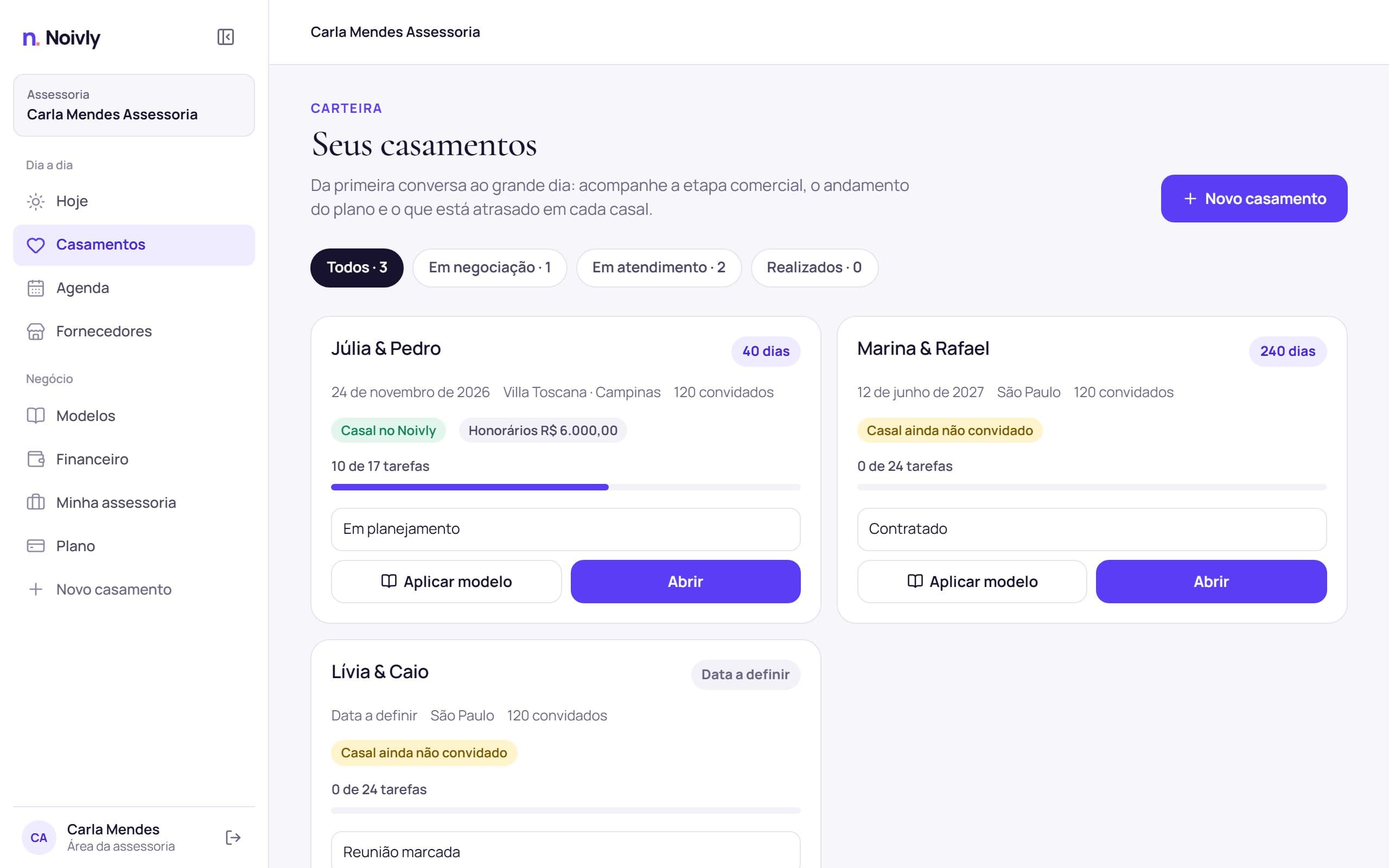 Carteira de casamentos com etapas, progresso e atrasos