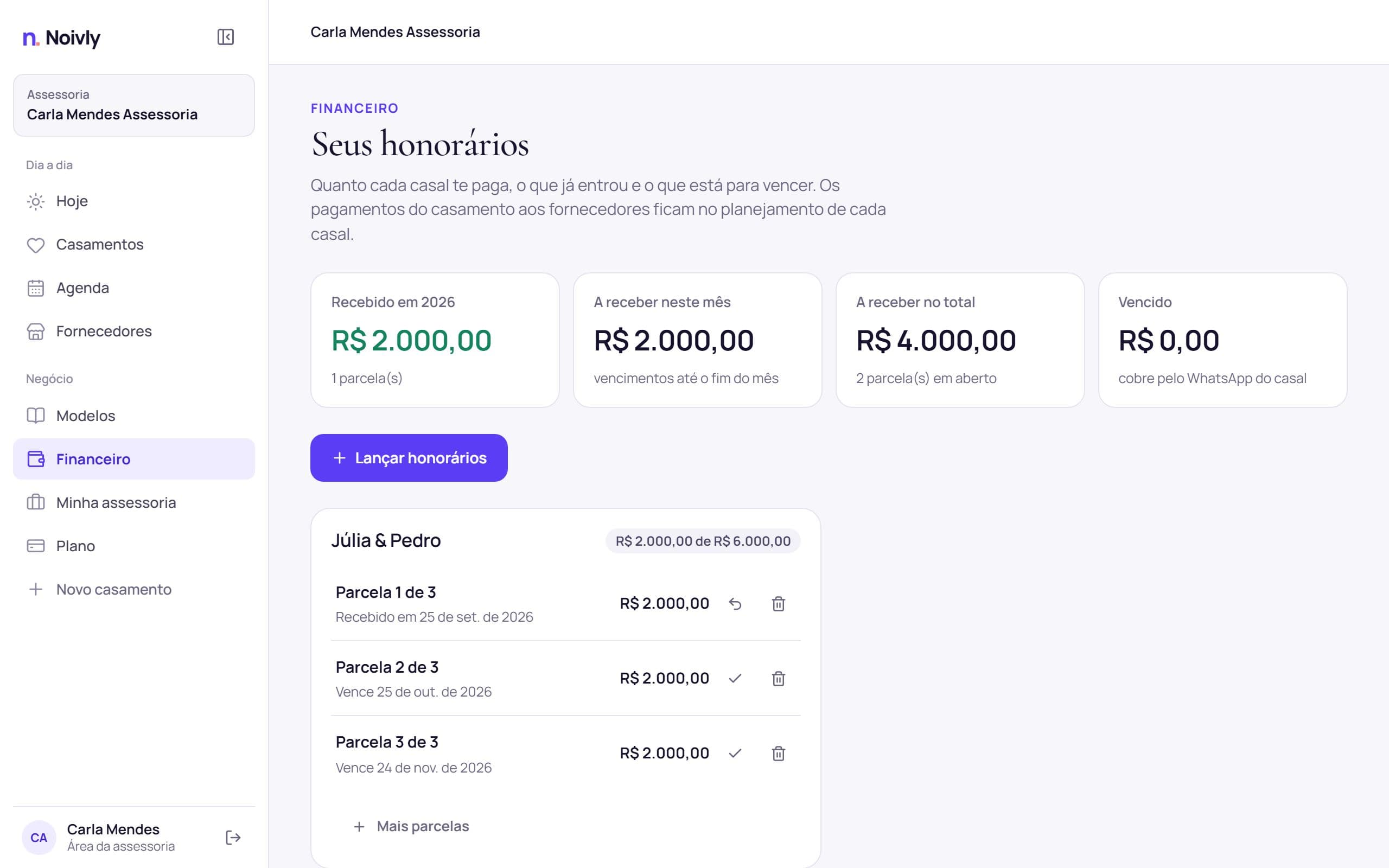 Financeiro da assessoria com honorários em parcelas