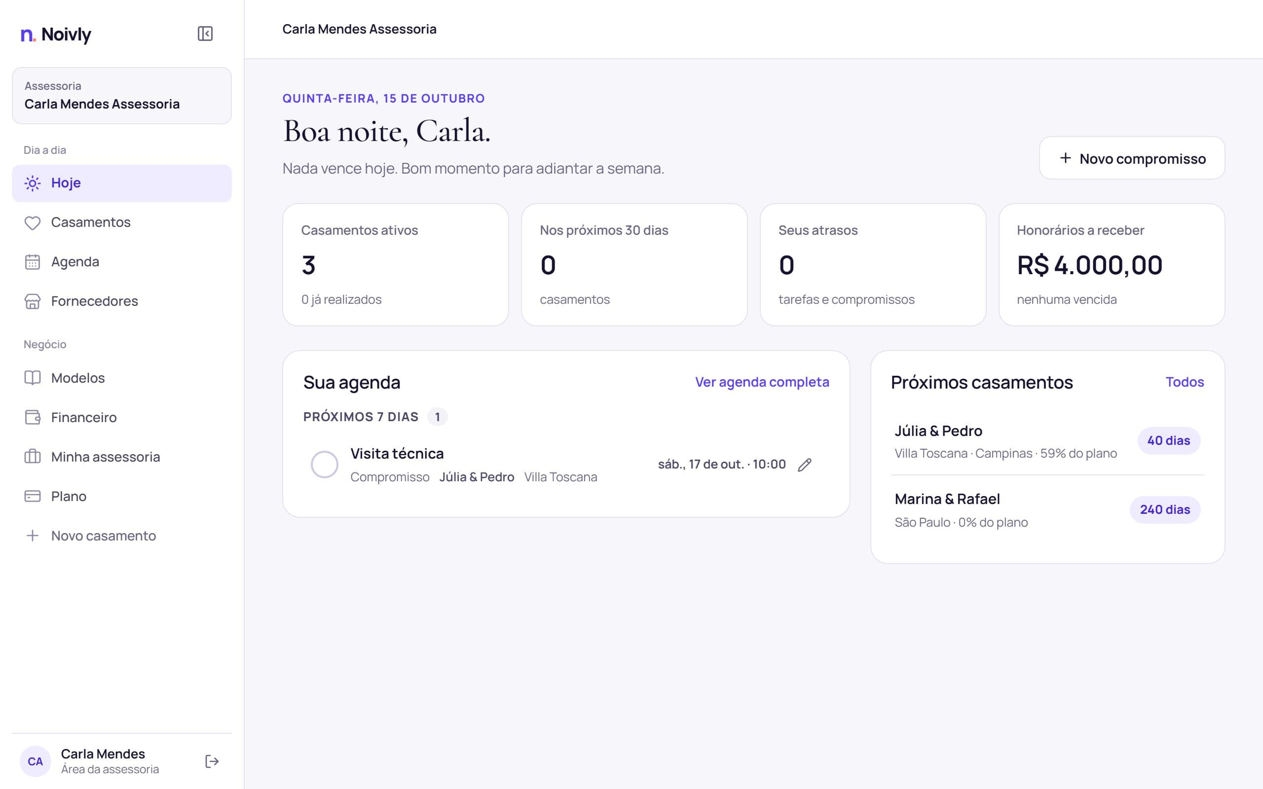 Central da assessoria no Noivly: agenda do dia, casamentos e honorários