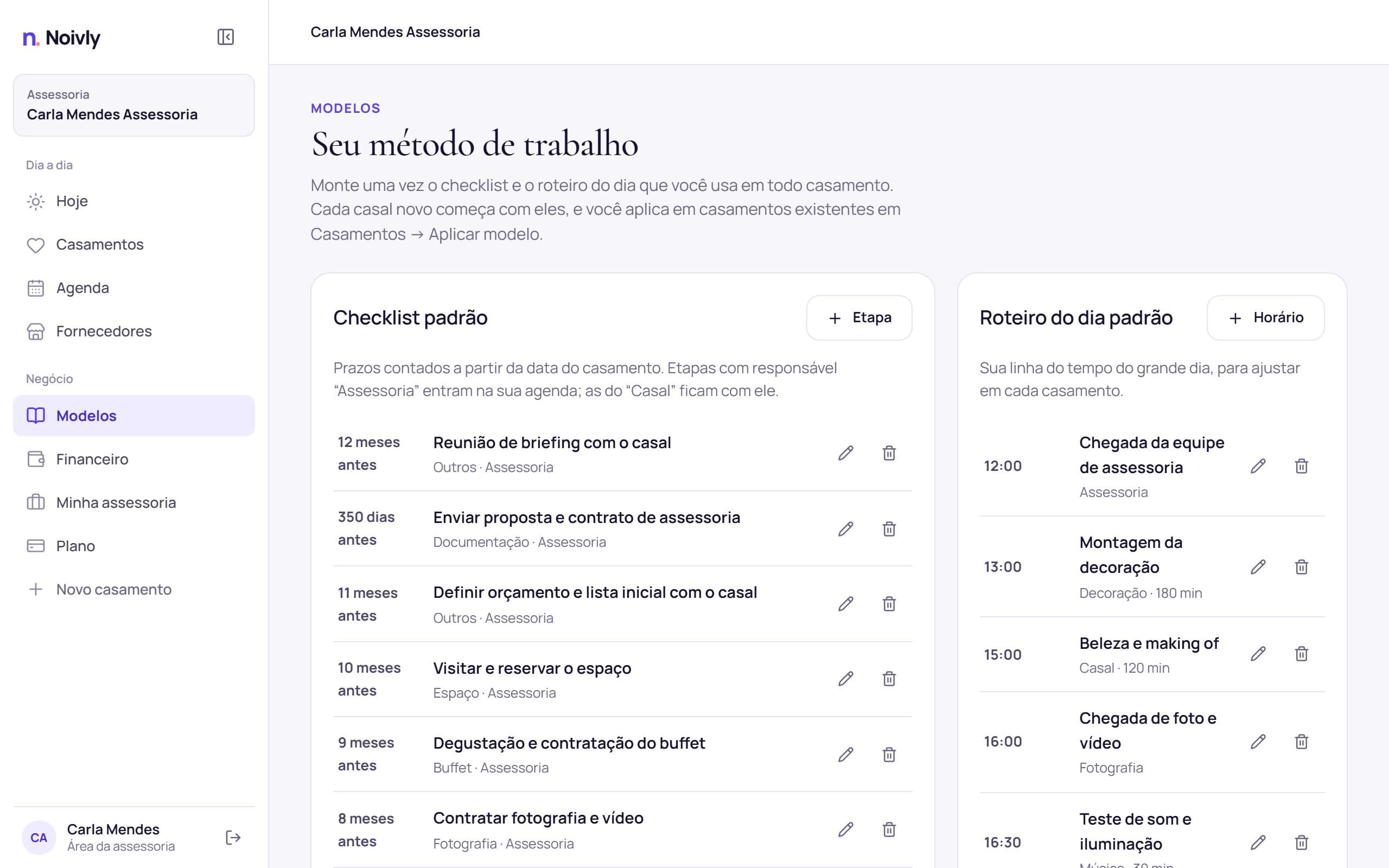 Modelos do Noivly: checklist padrão com prazos e roteiro do dia