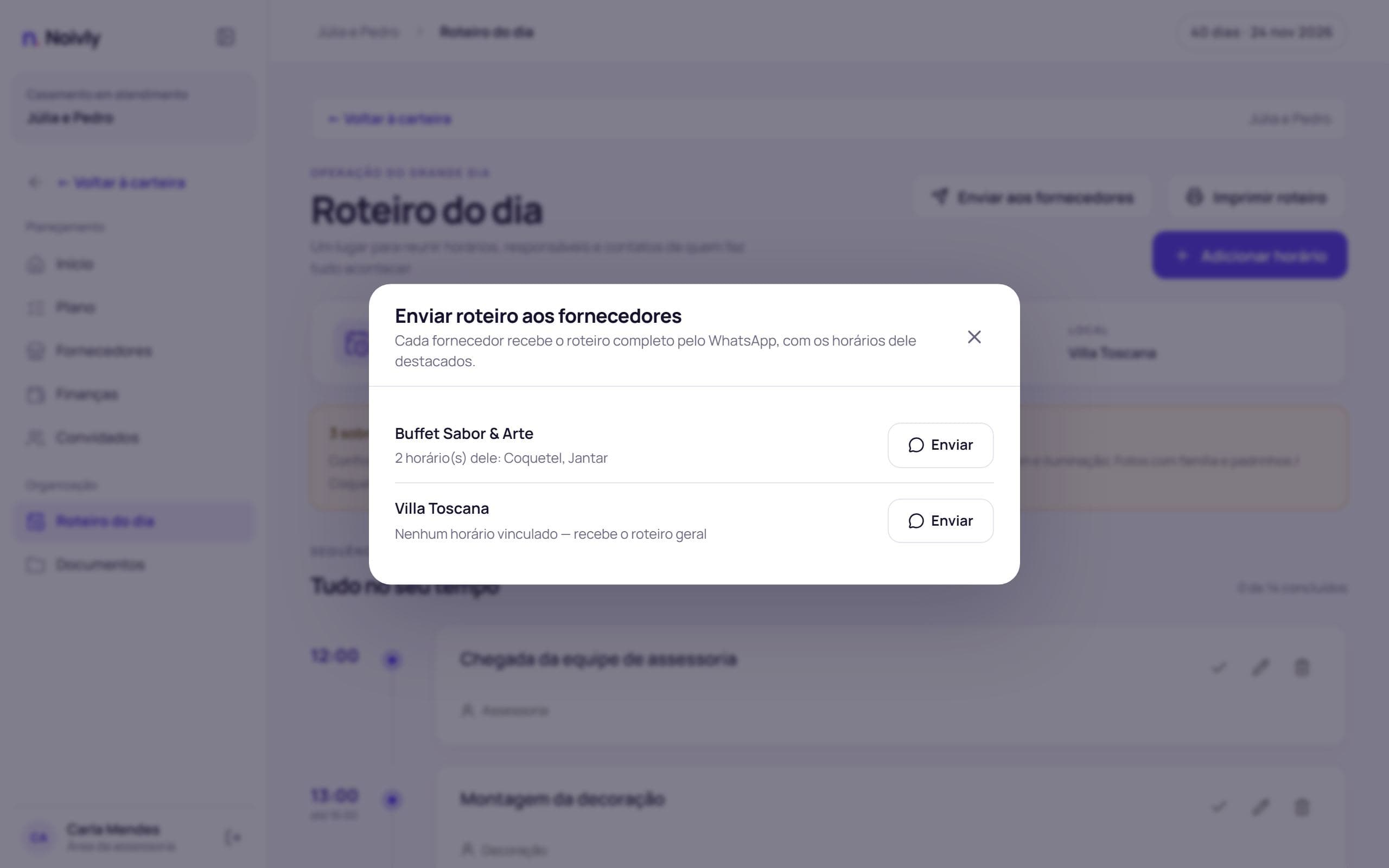 Envio do roteiro do dia aos fornecedores pelo WhatsApp
